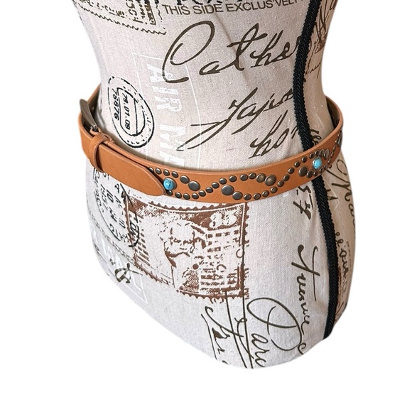 Steve Madden Studded Tan Leather Western Belt Faux Turquoise Boho Cowgirl Small - Picture 3 of 14